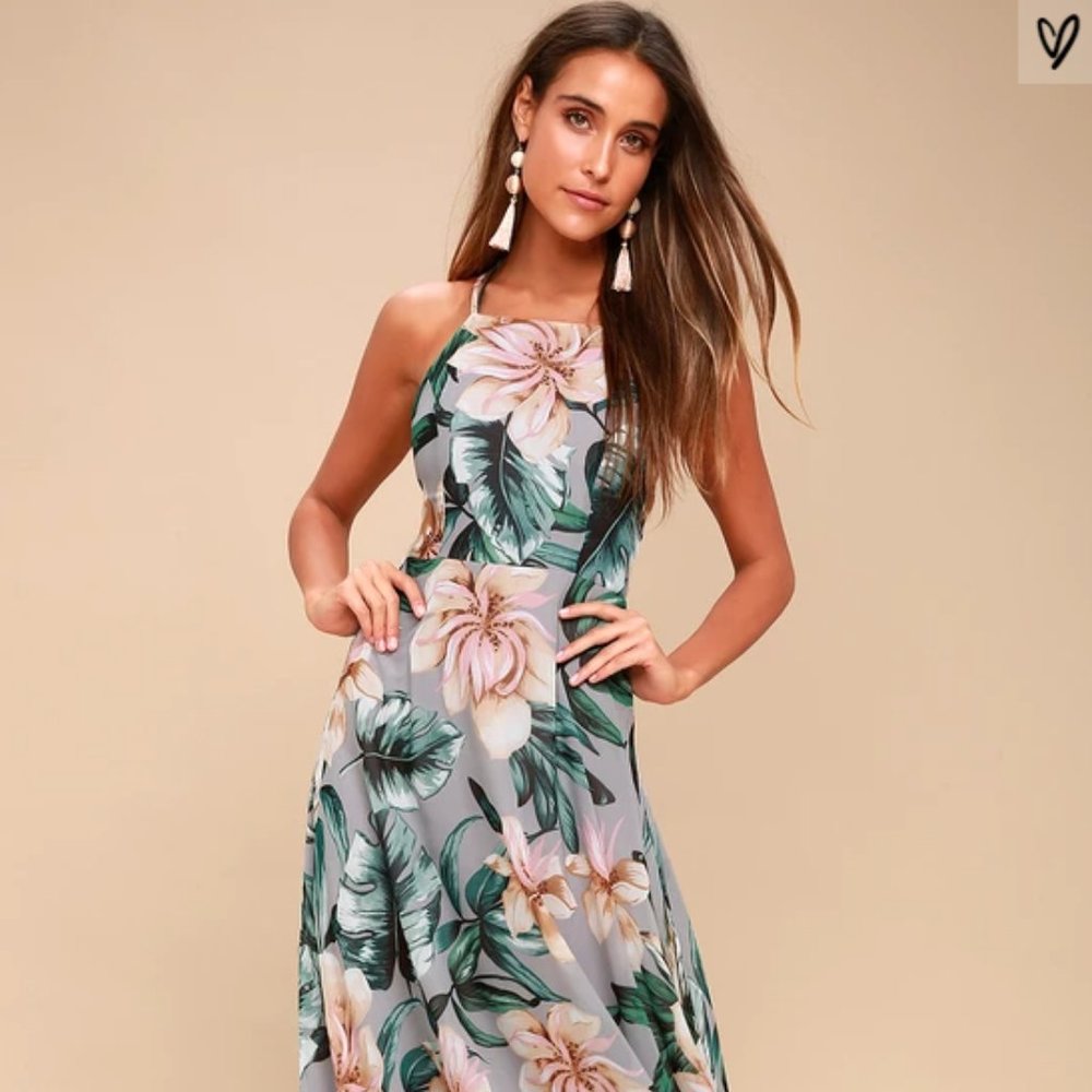 COPY - Love Abloom Grey Floral Print Lace-Up Maxi Dress S